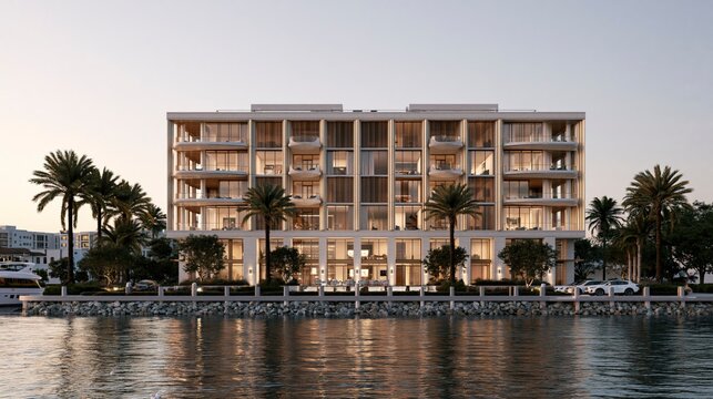 Modern luxury beachfront building with palm trees at sunset by water