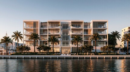 Obraz premium Modern multi-story apartment building with waterfront view and palm trees at sunset