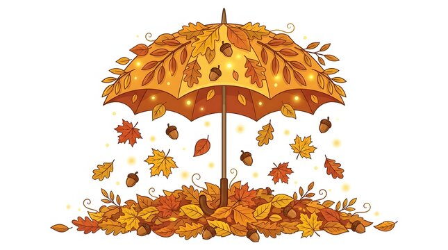 Autumn umbrella with falling leaves isolated on a white background