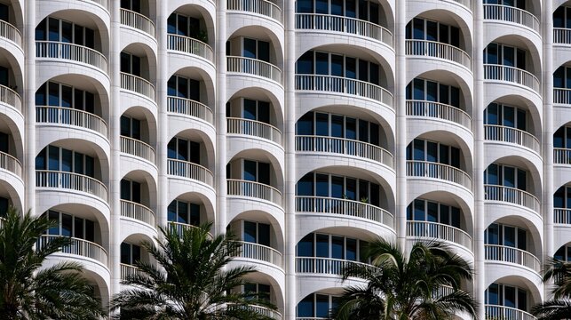 Modern white building exterior with curved balcony railing and palm trees