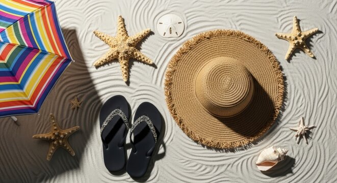 Straw sun hat with flip flops umbrella starfish and seashells arranged on textured white sand surface