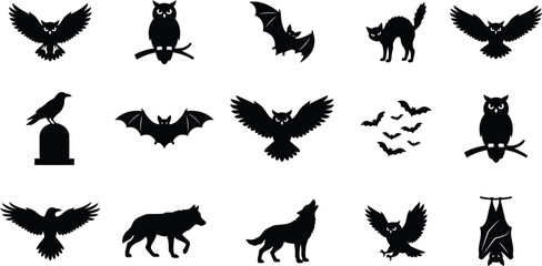 Obraz premium Halloween-Clipart Collection Of Spooky Silhouettes, Witch, Bat, Owl, Cat, Wolf, And Magical Night Illustrations