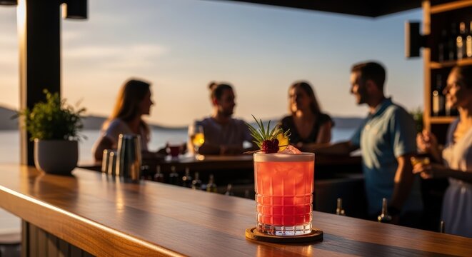 Fresh red cocktail on wooden counter in outdoor beach bar with friends socializing at sunset