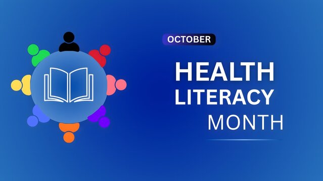 Blue vector graphic banner template featuring an open book surrounded by colorful diverse people icons for Health Literacy Month in October. Ideal background for medical education and healthcare.