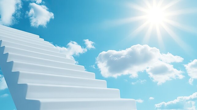 Stairway of light ascending through clouds, leading to a radiant heaven filled with warmth and hope on a serene day
