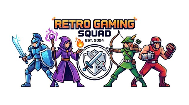 Retro Gaming Squad pixel art characters, fantasy RPG hero team illustration, 8-bit style knight mage archer and fighter group on white background