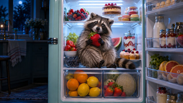 Funny raccoon raiding an open refrigerator full of food at night, ideal for grocery, kitchen, pet, lifestyle and humorous advertising campaigns.
