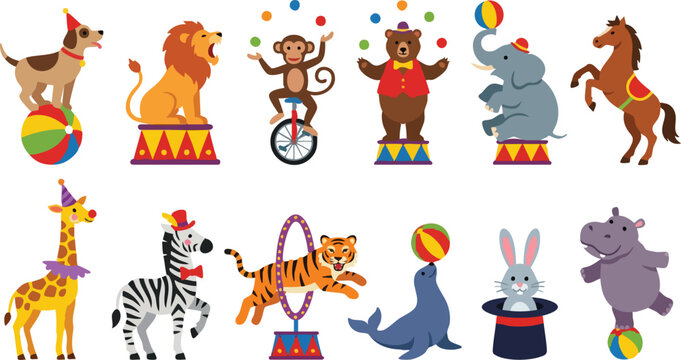 Cute circus animals performing stunts including tiger lion elephant monkey and seal vector illustration
