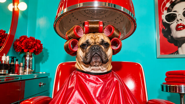 Funny bulldog under a salon hair dryer wearing curlers and a red grooming cape, ideal for pet care, beauty, spa, lifestyle and humorous advertising campaigns.