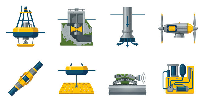 Isolated JPG illustration of an ocean thermal and tidal energy marine engineering icon pack, featuring wave buoys, submerged turbines, and underwater infrastructure.