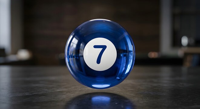 Blue billiard ball with number seven sitting on a dark wooden table with shallow depth of field