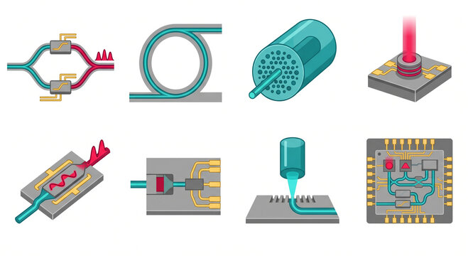 Isolated JPG illustration of a silicon photonics and optoelectronics icon pack, featuring photonic integrated circuits, ring resonators, and optical waveguides.