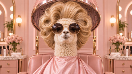 Funny alpaca in a pink robe, oversized blonde hairstyle and sunglasses posing in a luxury beauty salon, ideal for beauty, fashion, spa, lifestyle and humorous advertising.