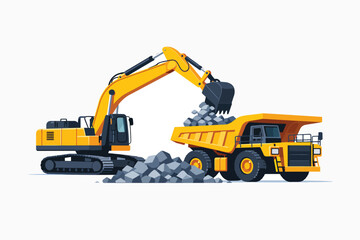 Yellow excavator loading rocks into mining dump truck at construction site © aji