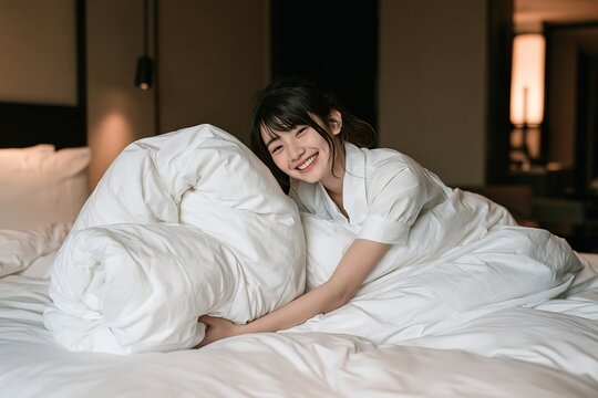 Cheerful young woman hugging a large white duvet on a bed in a bright bedroom interior