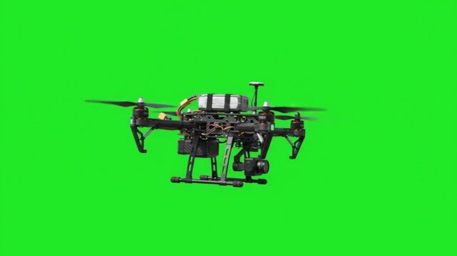 Ultra Realistic Professional Camera Drone Flying Smoothly Forward with Spinning Propellers Isolated on Green Screen Background, Cinematic Aerial Technology Animation, 4K Stock Footage