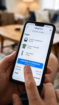 Person using smartphone to complete online shopping cart checkout process