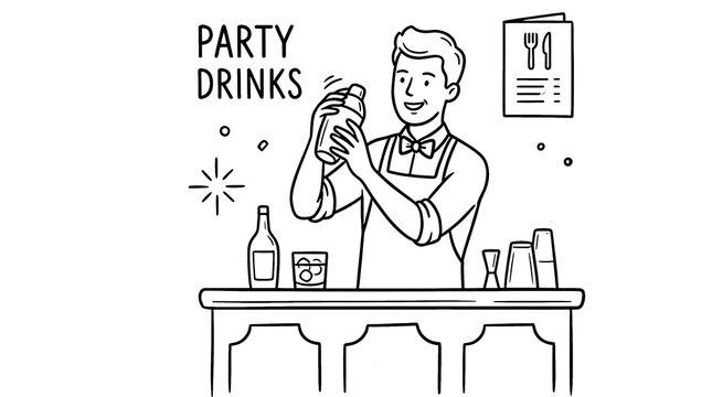 Smiling male bartender mixing cocktails with shaker at bar counter with drinks, bottle, menu. Line art doodle on transparent background. Joyful party celebration atmosphere