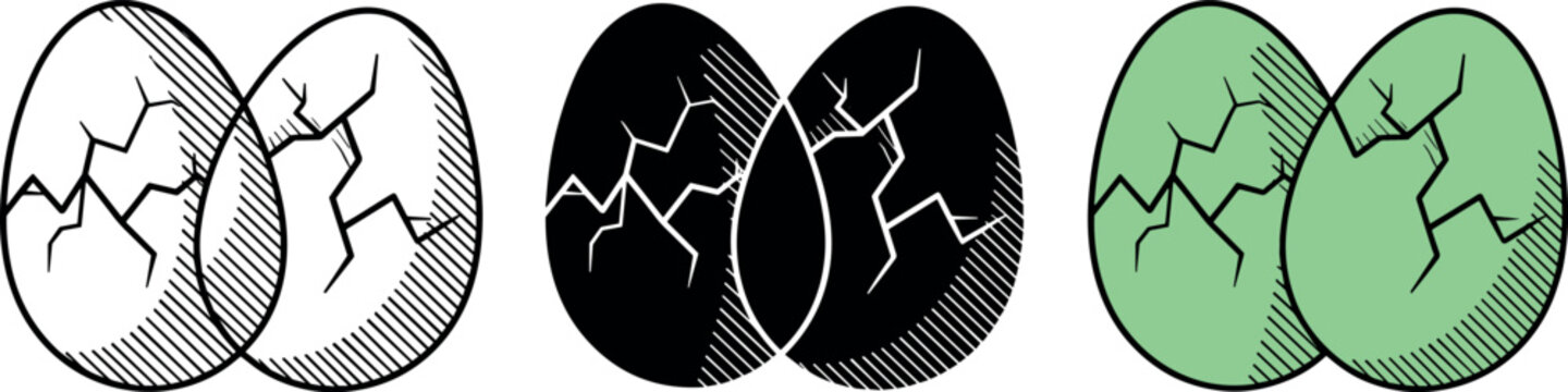 Cracked eggs vector icons set in outline, solid black, and green styles
