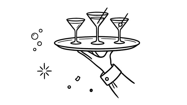 Hand holding a tray with three martini glasses, olive garnishes, isolated against transparent background with festive elements. Party celebration concept