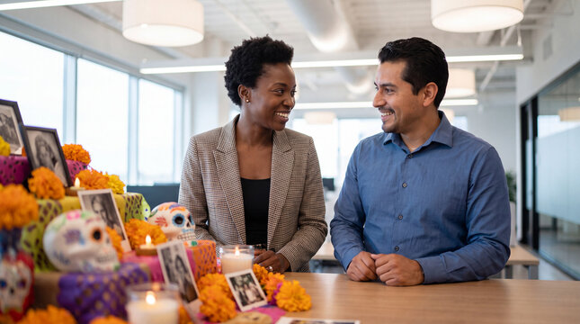 Black and Hispanic business colleagues smiling by a Dia de los Muertos desk ofrenda in a bright office, perfect for autumn corporate celebration banners and team ads.