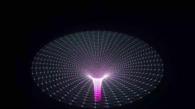 Futuristic wormhole grid animation, glowing purple digital vortex on black background, abstract spacetime curvature visualization for science projects