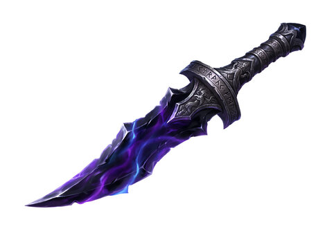A magical fantasy dagger with a glowing purple energy blade isolated on white background.