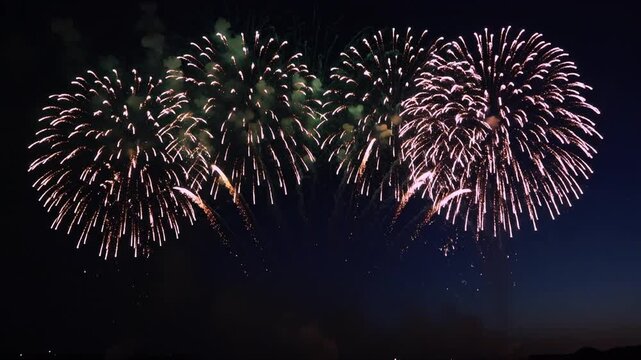 Fireworks exploding across a dark night sky during a celebratory holiday event.