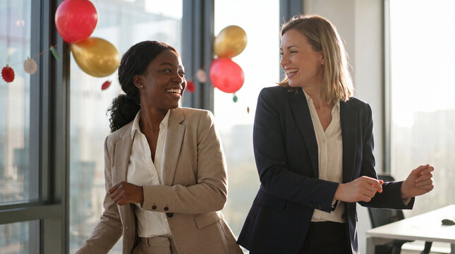 Two diverse businesswomen dancing and celebrating New Year in a bright office, capturing holiday joy and teamwork for corporate greeting and social media marketing.