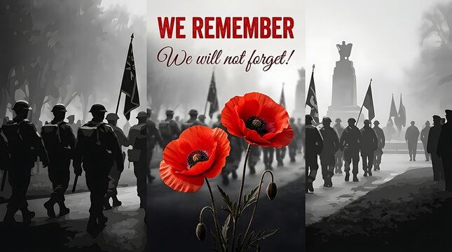 Remembrance day poppies with soldiers in the background honoring fallen heroes