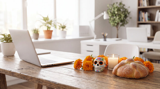 Office desk with laptop Dia de los Muertos ofrenda marigolds and sugar skull, ideal for autumn workplace celebration stock photos and corporate marketing content.