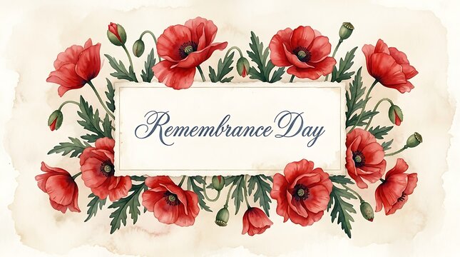 Remembrance day floral frame with vibrant red poppies and green leaves