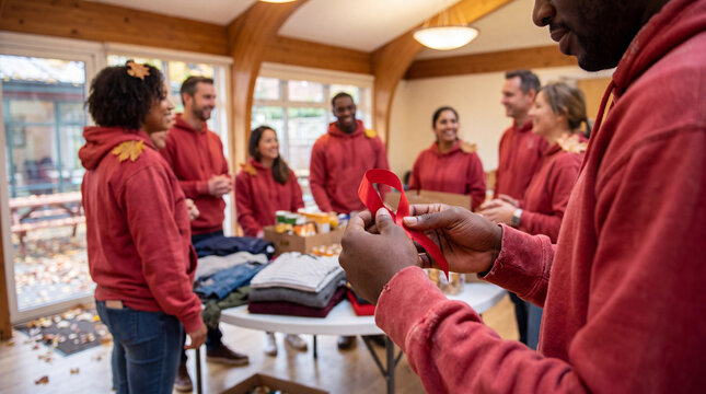 A volunteer holds a red ribbon while a circle of helpers sort donations for Giving Tuesday, emphasizing unity and generosity in charity events.