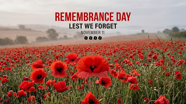 Vibrant red poppies bloom in a field with remembrance day text overlay
