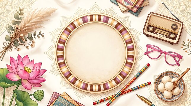 Vintage flat lay of colorful makeup, retro radio, glasses, and stationery on floral background