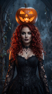 Redhead woman in gothic black dress with lit pumpkin on head