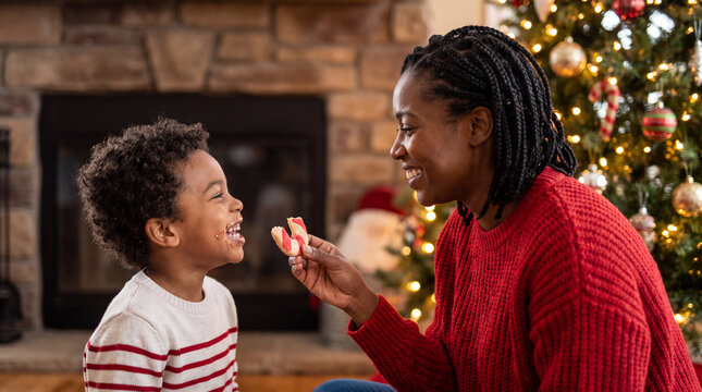 A Black mother and her little son laugh while eating candy cane cookies by a Christmas tree, ideal for cozy holiday family campaigns and greeting cards.