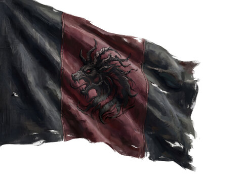 A tattered dark flag featuring a mythical dragon emblem waving against a white background.