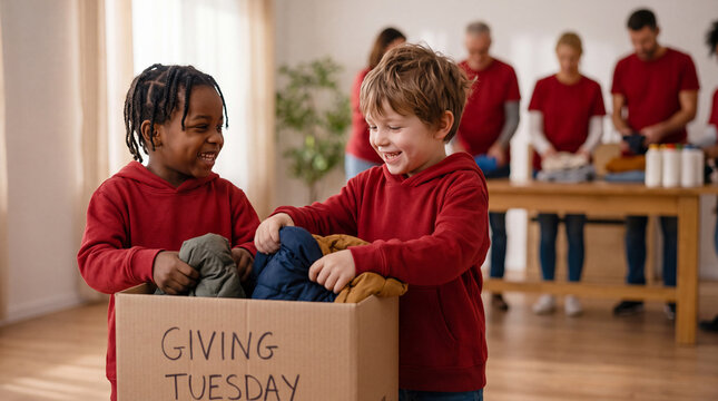 Two young volunteers sort folded clothes into a donation box for Giving Tuesday, showing helpfulness and kindness in holiday charity campaigns.