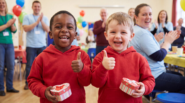 Two young volunteers give thumbs up while holding heart gift boxes for Giving Tuesday, celebrating enthusiasm and generosity in charity campaigns.