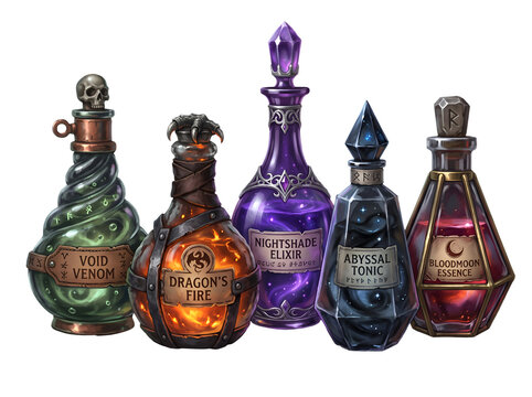 Set of five magical fantasy potion bottles with glowing liquid and labels on white background.