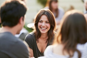 Fototapeta premium Young smiling woman laughing while having a conversation with friends outdoors at social gathering
