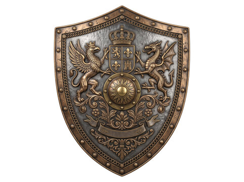 Ancient metal shield featuring mythical griffin dragon crest heraldic coat of arms.