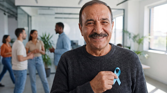 A senior businessman with a mustache holds a light blue ribbon in an office for Movember men's health awareness and supportive workplace campaigns.