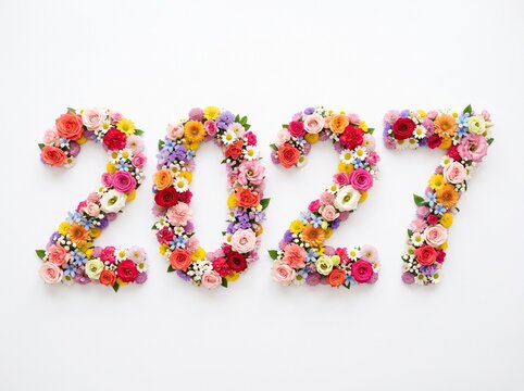 Number 2027 composed of vibrant colorful blooming flowers on plain white background, new year celebration concept, floral typography.