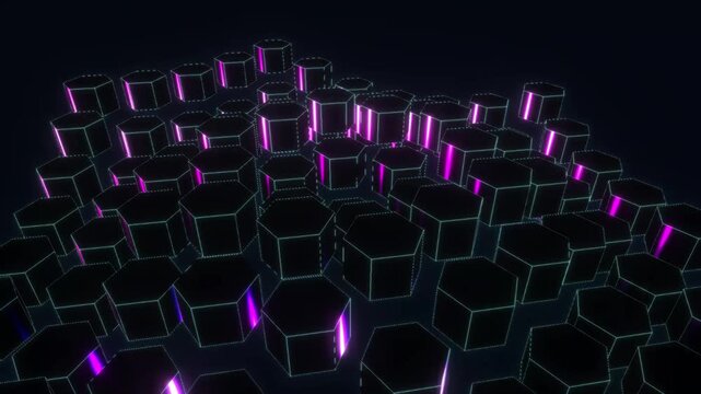 Futuristic neon hexagon grid, glowing purple geometric 3d background, abstract dark tech honeycomb pattern for gaming and sci-fi
