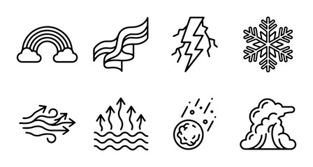 Obraz premium Weather Icons Collection: Rainbow, Wind, Lightning, Snow, Heat, Hail, Cloud, Vector Graphics