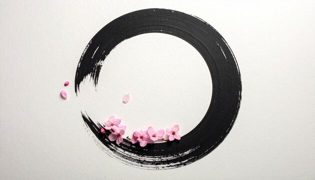 Bold black enso circle with fallen cherry petals on a pale textured background