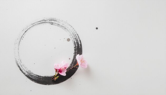Faint grey enso circle with cherry blossoms on a clean white background with copy space