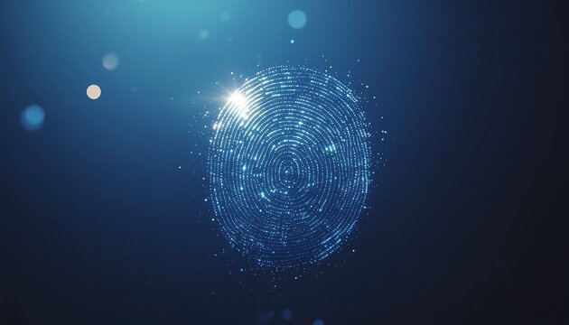 Fingerprint pattern dissolving into glowing light particles on a dark blue background